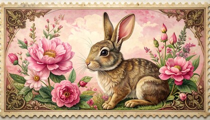 A detailed illustration showcases a delicate brown rabbit amidst a vibrant display of pink flowers, including peonies and roses, in a soft, pastel-toned setting.