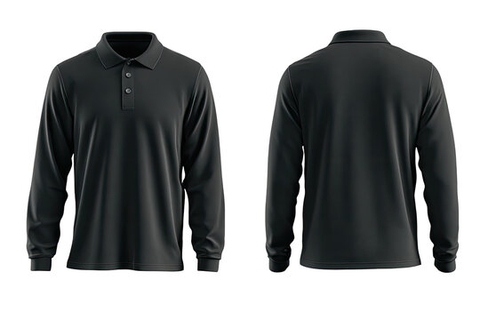 Front and back view of a dark gray long-sleeve polo shirt (1)