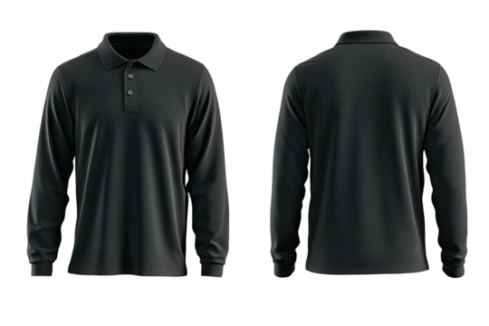 Front and back view of a dark gray long-sleeve polo shirt (1)