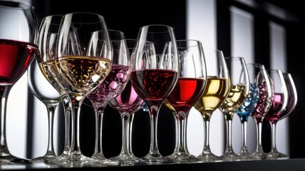 Variety of Wine Glasses Filled with Different Colored Wines on Dark Background