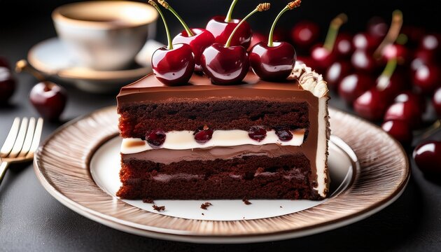 Chocolate Indulgence A Tantalizing Slice Of Rich Chocolate Cake Layered With Creamy Filling And Topped With Luscious Cherries Sits Ready For A Delectable Treat
