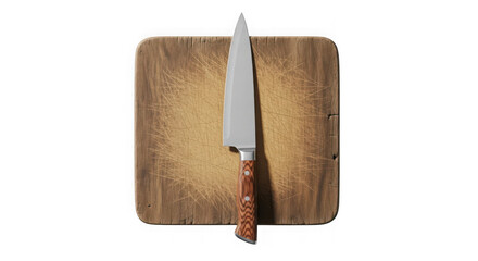 Sharp chefs knife placed vertically on a rustic wooden cutting board, isolated on transparent background