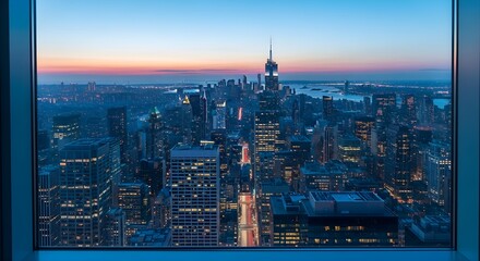 Panoramic City Skyline View at Twilight from Skyscraper Window