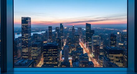 Obraz premium Stunning Urban Skyline View at Dusk from Skyscraper Window