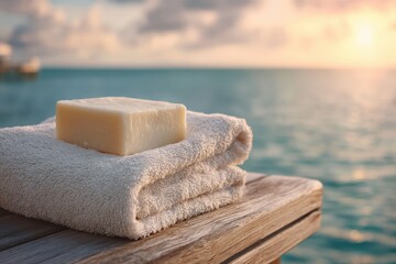 Natural Soap Bar and Towel on Wood by the Ocean at Sunset.