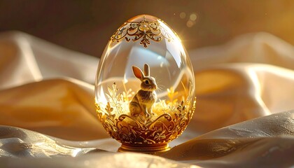 A delicate, gold-adorned glass egg, exquisitely crafted, showcases a tiny rabbit within its transparent shell.