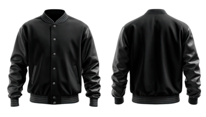 Black bomber jacket, front and back views.  Simulated leather