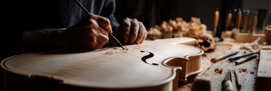 Master Craftsman Carves a Violin in a Workshop Filled With Tools and Wood Shavings During Daylight Hours
