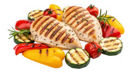 Delicious grilled chicken breast with colorful bell peppers, zucchini, tomatoes, and rosemary isolated on transparent background