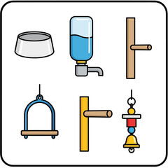 Essential birdcage accessories: food bowl, water dispenser, perches, swing, and toy.
