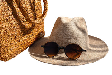 Light beige straw hat, round sunglasses, and woven bag