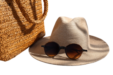 Light beige straw hat, round sunglasses, and woven bag