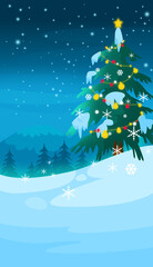 christmas tree in snow ,background background decorative merry greeting color stars ,light vivid tree 
