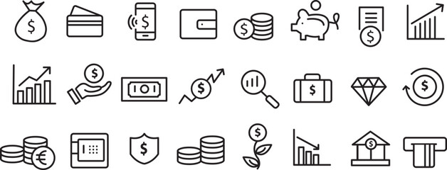 Finance icon set. with editable stroke. Set of line icon related to income, salary, money, business,goal, profit, . Outline icon collection.economy web icons. Vector illustration..eps