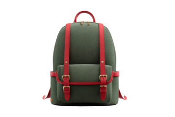 Front view of a  sage green backpack with red accents