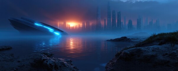 Naklejka premium Abandoned destroyed city in apocalyptic wasteland concept. Futuristic landscape with an alien ship and glowing city lights.