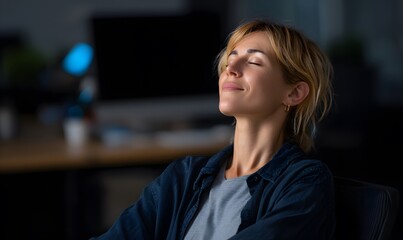 A realistic office scene of a woman pausing at her desk, closing her eyes with a gentle smile while taking three deep breaths