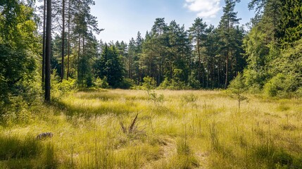 Idyllic meadow scene with tall grass and dense woodland backdrop creating a peaceful nature escape