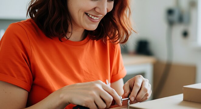 Happy woman assembling furniture