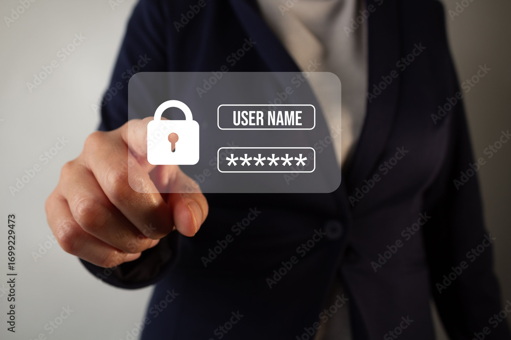 Aufkleber business person pointing at a username and password interface