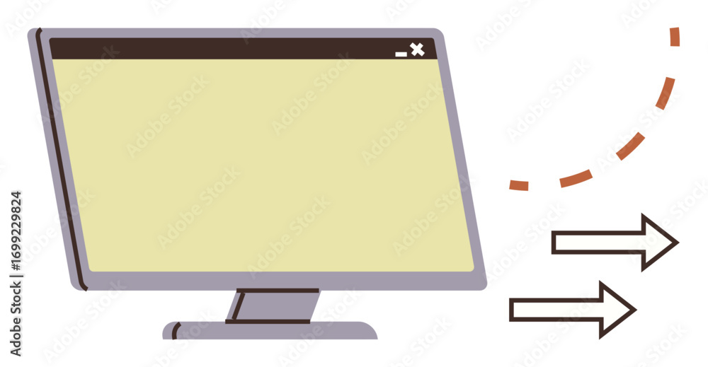 Poster desktop monitor with blank screen and two arrows indicating rightward movement, surrounded by abstra