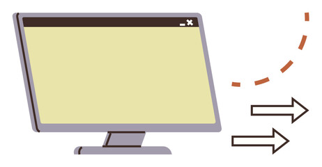 Desktop monitor with blank screen and two arrows indicating rightward movement, surrounded by abstract dashed lines. Ideal for communication, data sharing, file transfer, digital workflow