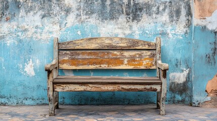 Rustic wooden bench against a weathered blue wall evoking nostalgia