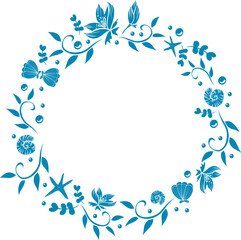 Doodle wreath of shells, pearls, seaweed and bubbles. Frame on the theme of sea vacation. Vector illustration