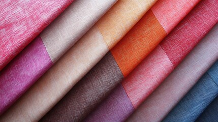 Close-up shot of various shades of fabric arranged in diagonal pattern displaying a diverse color palette