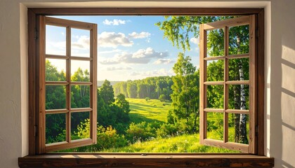 A tranquil view of a verdant landscape, bathed in sunlight, glimpsed through an open window with wooden frames.