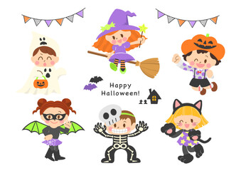 ハロウィーン仮装をした子どもたちのイラストセット