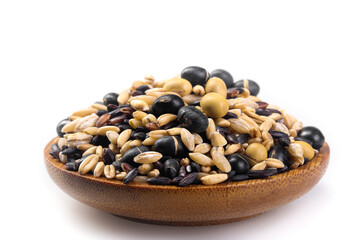 Assorted grains cereals black beans soybeans peanuts healthy protein mix in wooden bowl