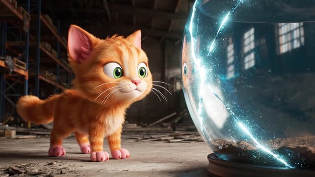 An animated orange cat with green eyes looks curiously at a glowing electric-blue sphere with particles The scene is set in a disused interior with metal shelves and a dusty floor