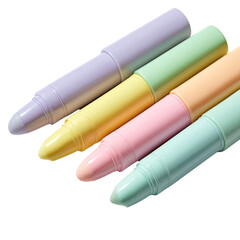 Four pastel-colored lip crayons, close-up.  Various shades of pale lavender, yellow, peach, and mint green.  Smooth, glossy finish.  Stacked, angled tips.  Cosmetic product