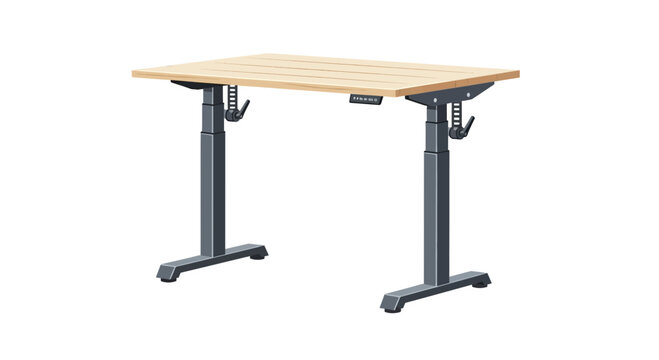 Adjustable height standing desk featuring light wood surface design