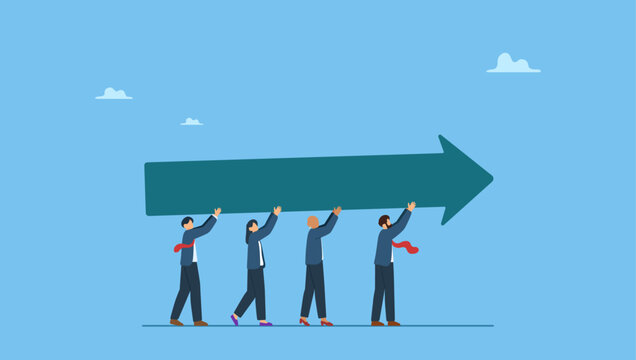 Businessman and businesswoman teamwork help carry big growth rising up arrow graph. Team success and improvement, sharing same business goal and direction, support and partnership for career growth.