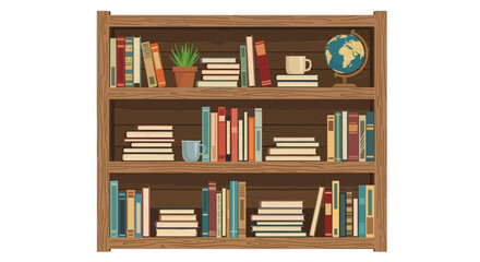 Aesthetic wooden bookcase filled with books and decor items illustration