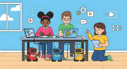 Kids Learning to Code with Robots Programming Digital Education Concept