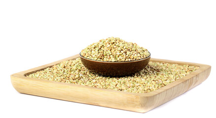 Raw Buckwheat Grains in Wooden Bowl - Healthy Whole Grain Cereal on White Background