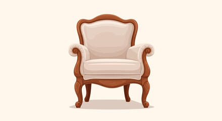 Fototapeta premium Elegant ivory upholstered armchair with carved wooden frame design