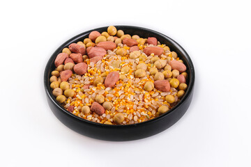 Mixed Grains Soy Beans Peanuts Corn Seeds in Black Bowl - Healthy Protein Rich Food Combination