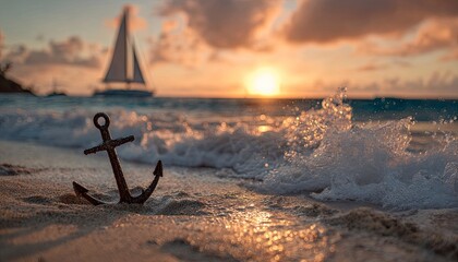 Sunset beach scene with anchor and sailboat