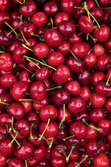 Fresh Red Cherries with Stems Stacked Together - Healthy Organic Summer Fruit Background