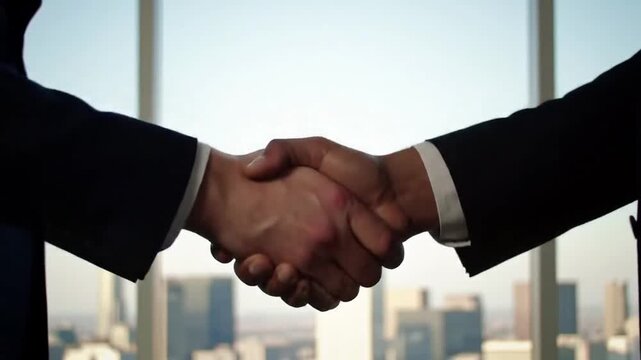 Two diverse businessmen shaking hands in a modern office, sealing a successful corporate agreement with a city skyline in the background
