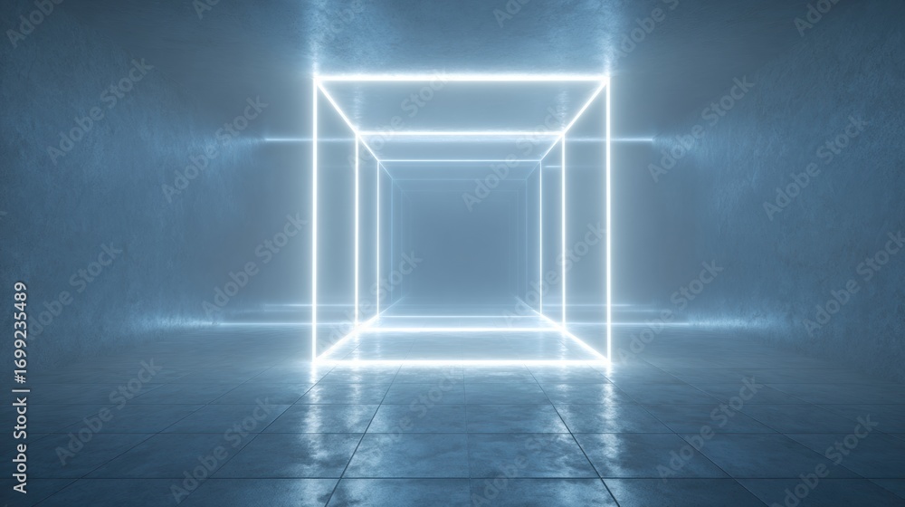 Poster illuminated cube in dark minimalist space creates an ethereal atmosphere with reflections on the flo