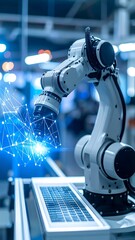Industrial robot arm on production line with digital network overlay