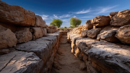 Dried lake and river in hot summer season concept. Ancient ruins with stone structures and clear blue skies.