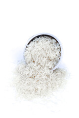 White Long Grain Rice Spilling from Bowl - Agricultural Food Product on White Background