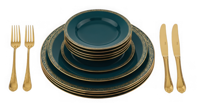Stack of teal plates with gold trim and gold cutlery, isolated on transparent background