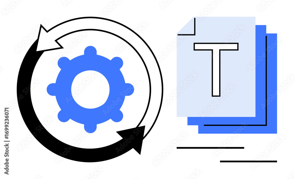 Poster circular arrow around gear beside stacked documents with a t symbol. ideal for automation, workflow,
